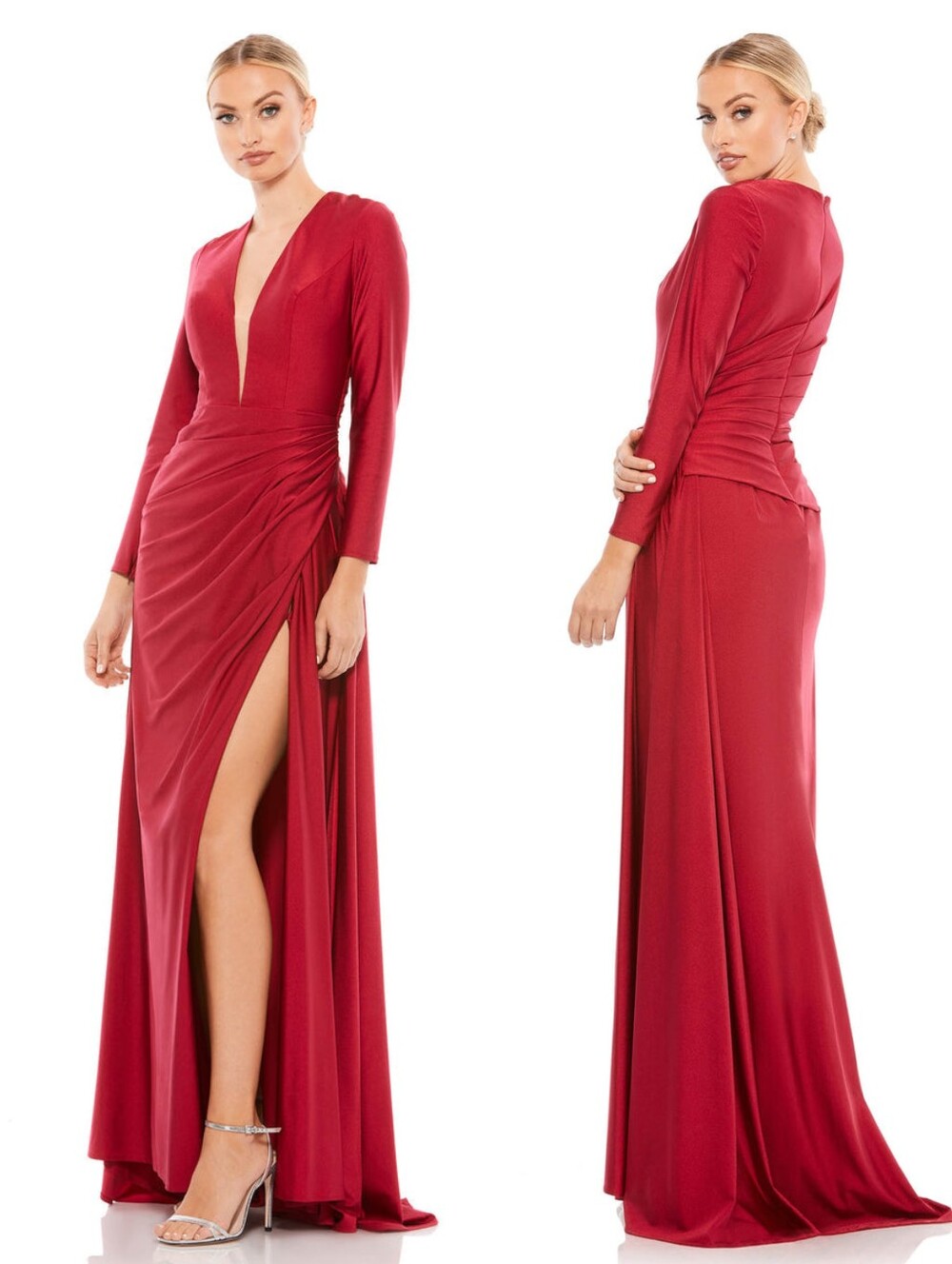 NWT IEENA for Mac Duggal Plunging Illusion Neck Long Sleeve Gown Burgundy 26250